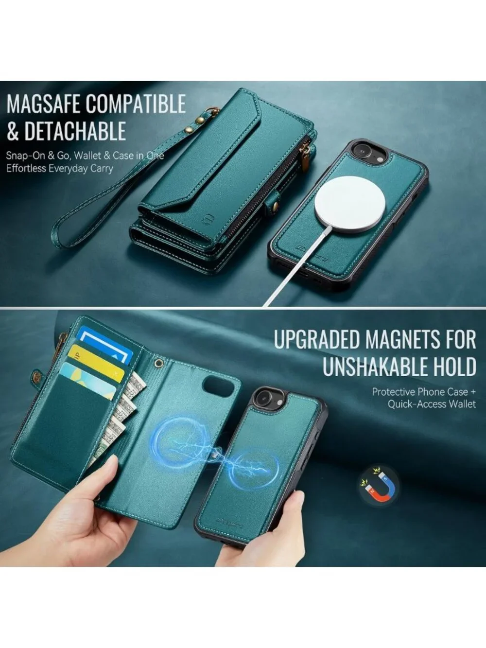 Magnetic Wallet Phone Case for iPhone 17e/16e - Stylish Blue Green Strap Case